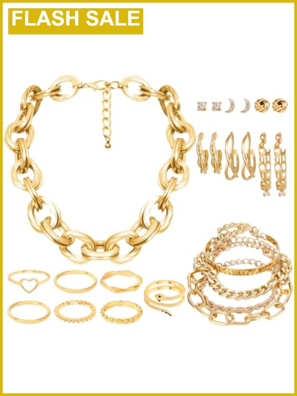 Chunky Cuban Chain Jewelry Set 24 Pc Necklace Earrings Rings Bracelets